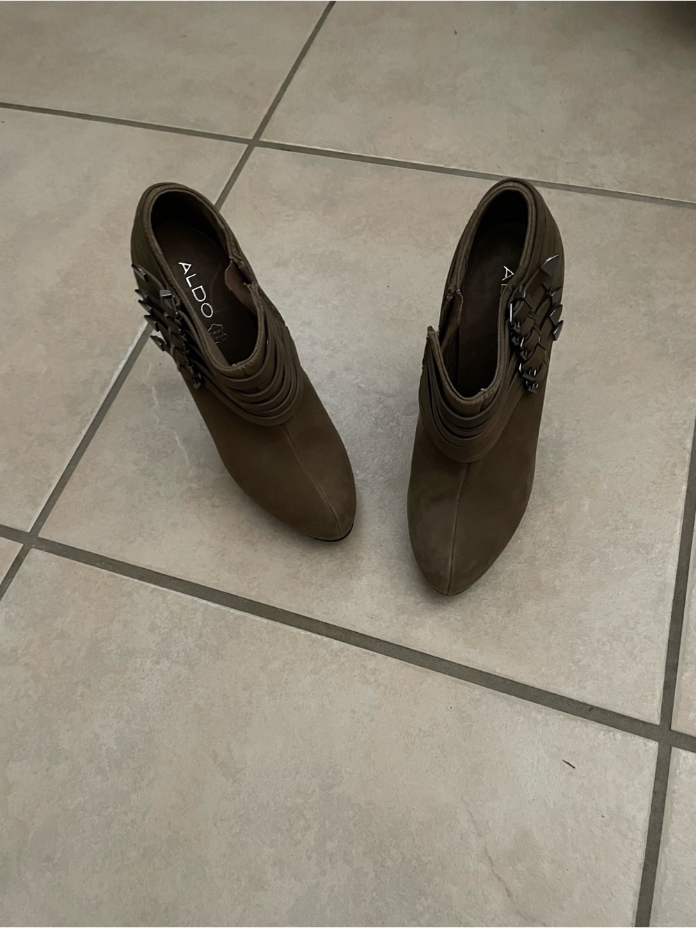 Never worn ALDO Taupe coloured Suede Ankle Booties with Buckle Detail